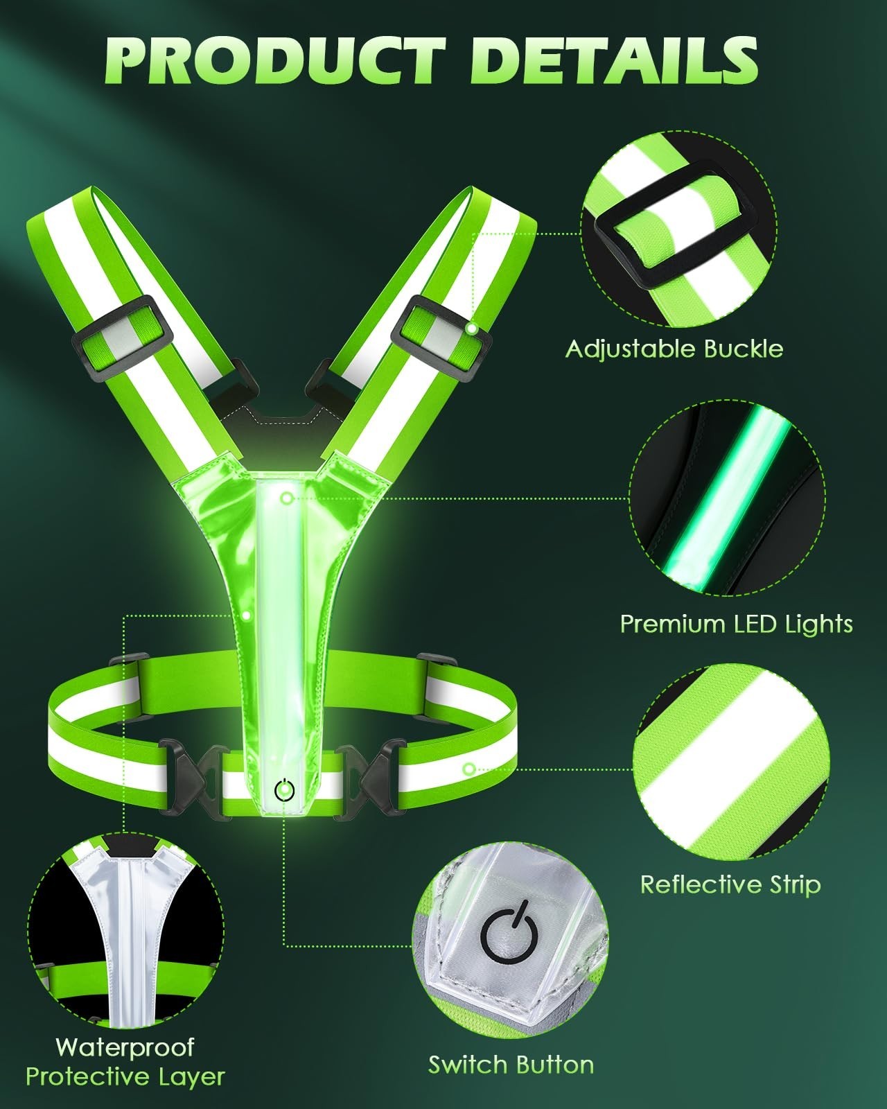 High Visibility Reflective Running Vest 5 Lights Rechargeable Adjustable