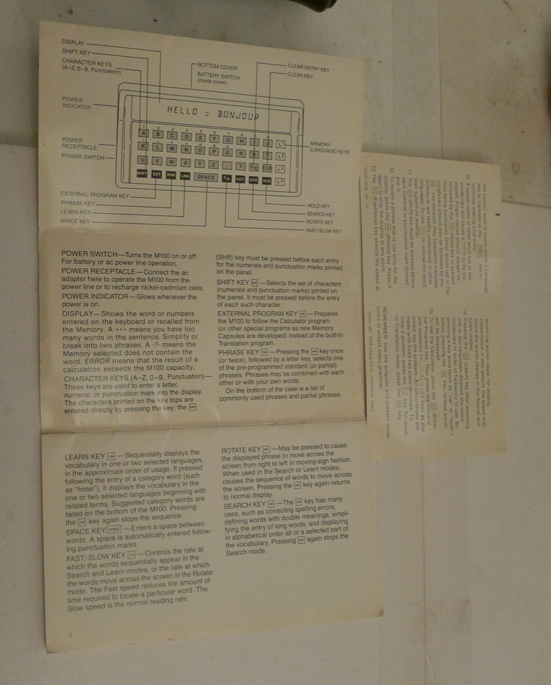 Craig M100 Electronic Translator - Case, Manual & Insert ONLY