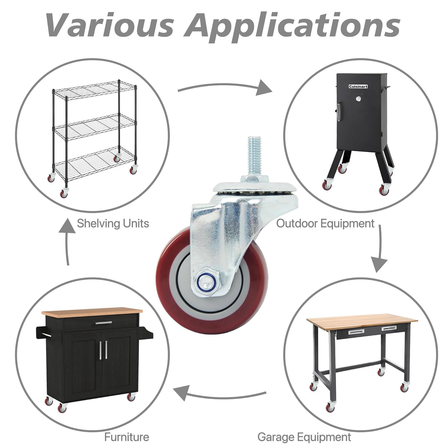 Swivel Caster Wheels 3 Inch Threaded Stem Set of 4 Heavy Duty Polyurethane Red