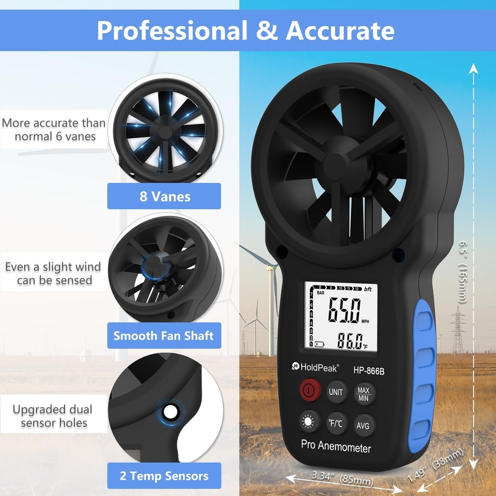 HoldPeak 866B Digital Anemometer Handheld Wind Speed Meter for Measuring Wind...