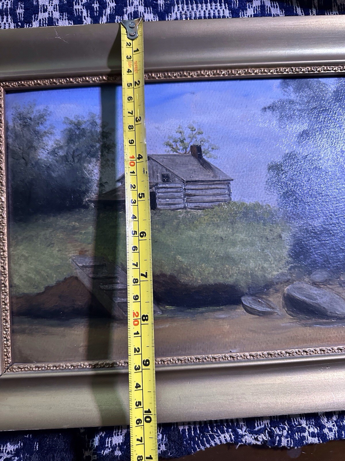 Antique American Folk Art Landscape Painting On Board Cabin In Woods