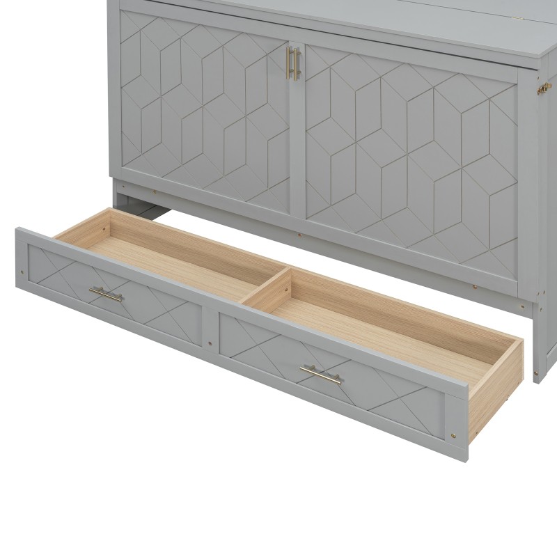 Queen Size Murphy Wall Bed Space-Saving Cabinet with Desk Gray MDF Storage
