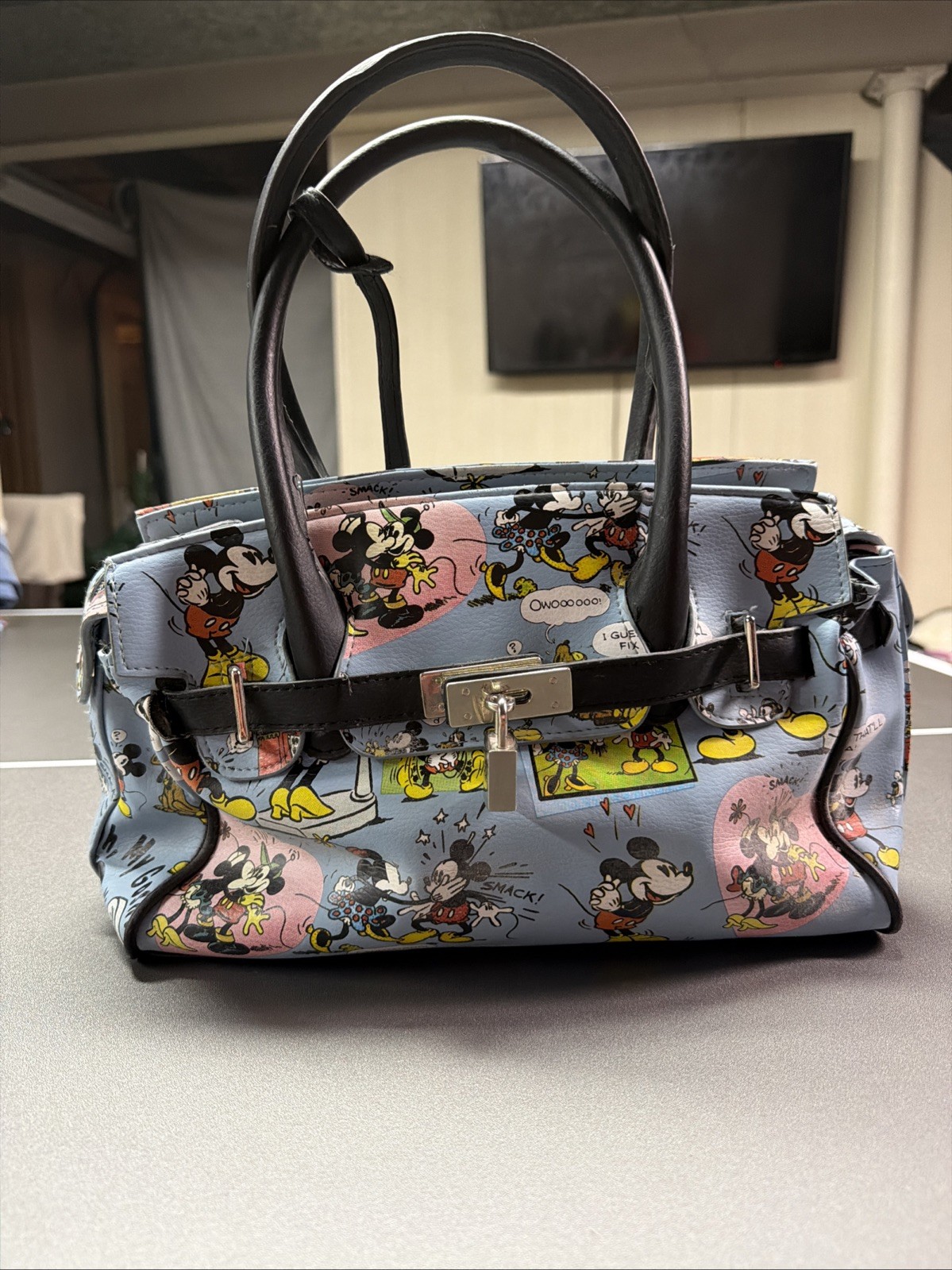 Disney Minnie & Mickey Mouse Purse Lock & Key Satchel Handbag Cartoon Comic Blue