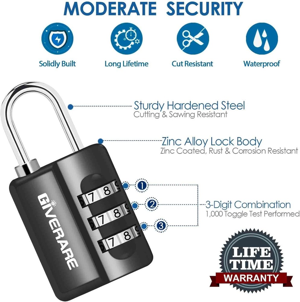 GIVERARE 4 Pack Combination Lock, 3-Digit Padlock Keyless, Small, Black