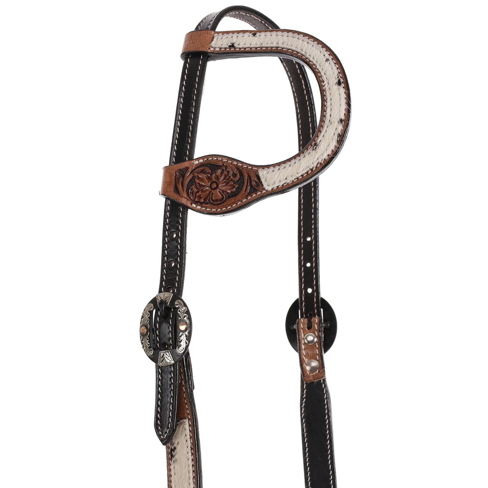 Showman Single Ear Leather Headstall w/ Cowhide & Tooling