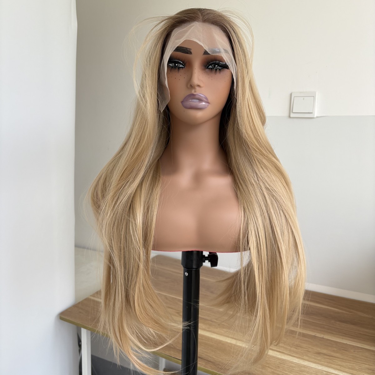 Synthetic Hair Heat Resistant HD T Lace Front Wig Long Straight Ombre Blonde