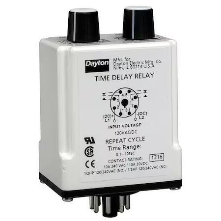 Dayton 24Ep43 Single Function Time Delay Relay, Octal, Cycle On, 1 Functions