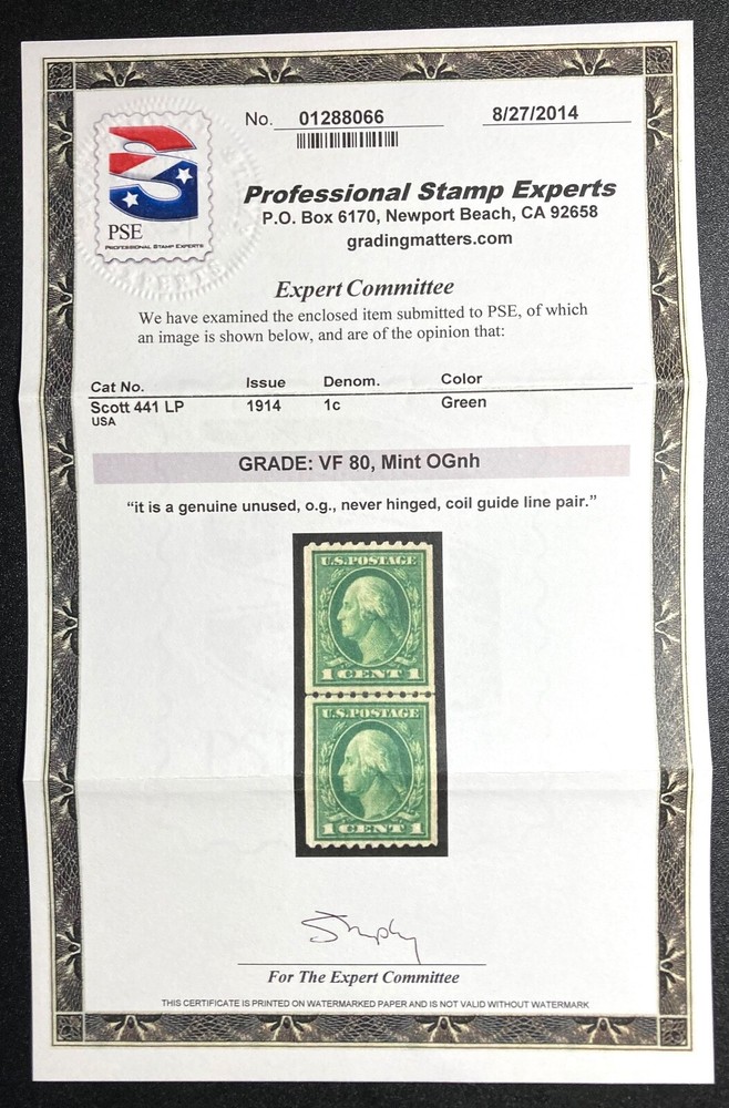#441 MNH Coil Line Pair, PSE Graded 80, Cert # 01288066