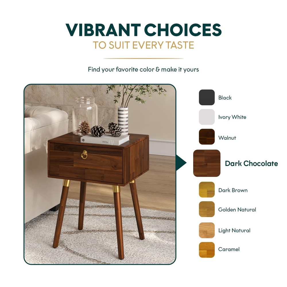Alden Solid Wood Nightstand/Side Table/End Table, Fully Assembled, with 1-Dra...
