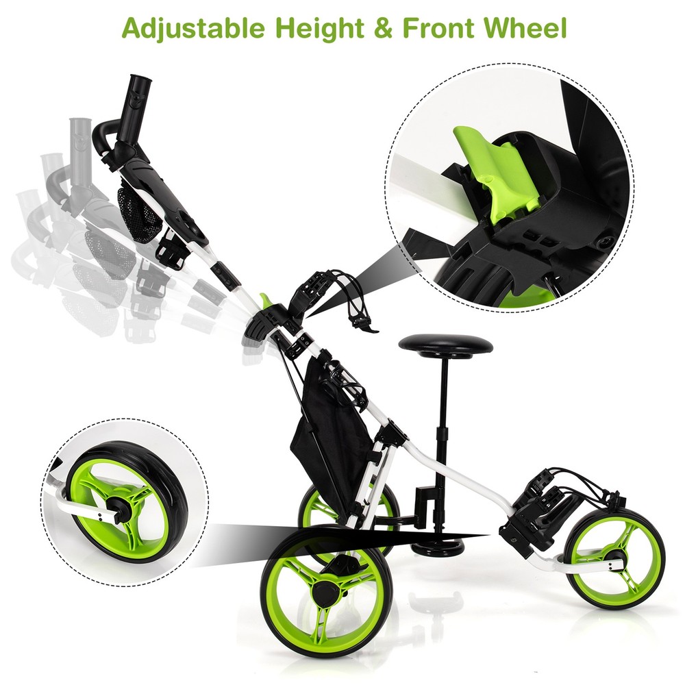 3-Wheel Foldable Golf Push Pull Cart Trolley w/ Seat Adjustable Handle Green