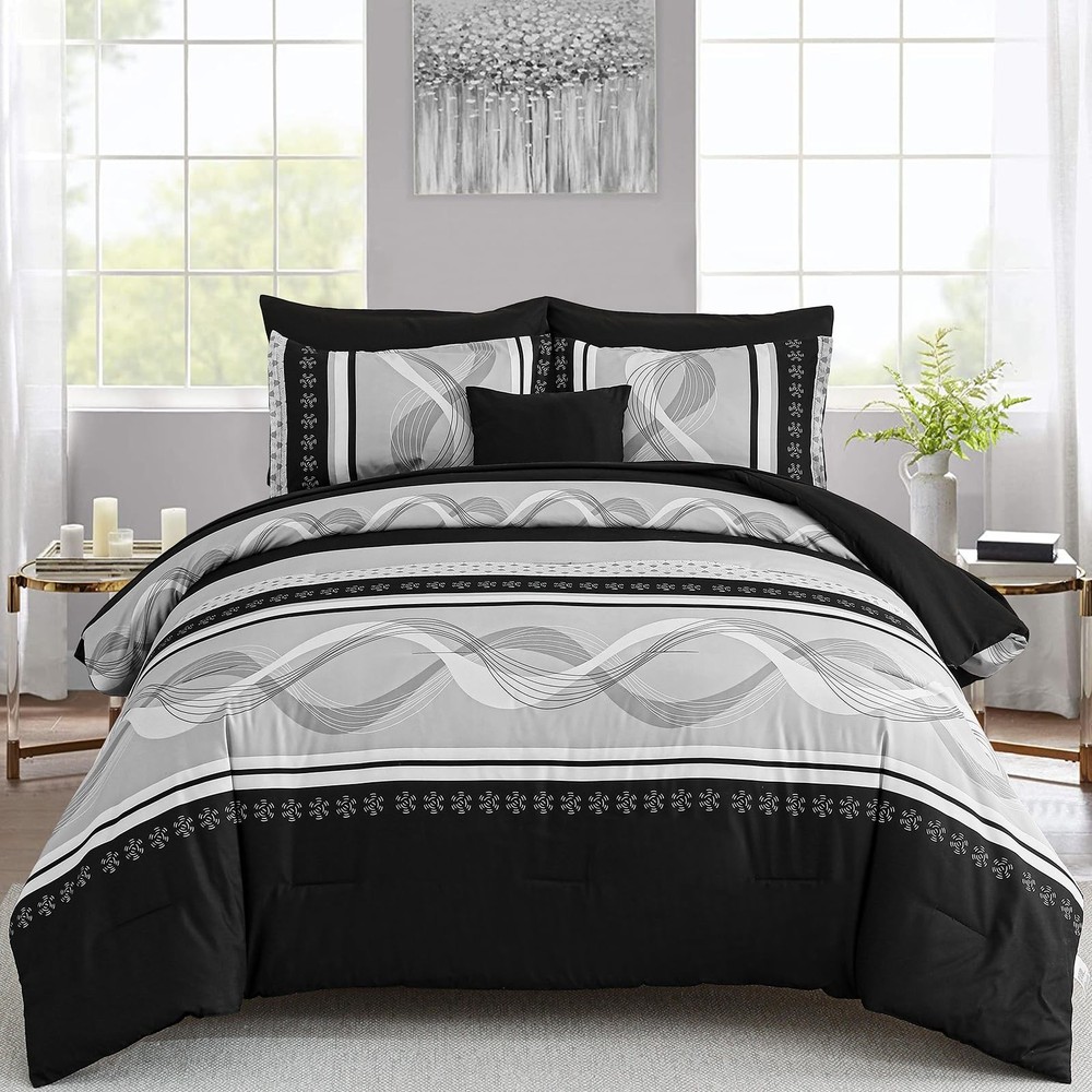 Comforter Set Size,8 Pieces Boho Bed in a Bag Patchwork Striped Queen Black