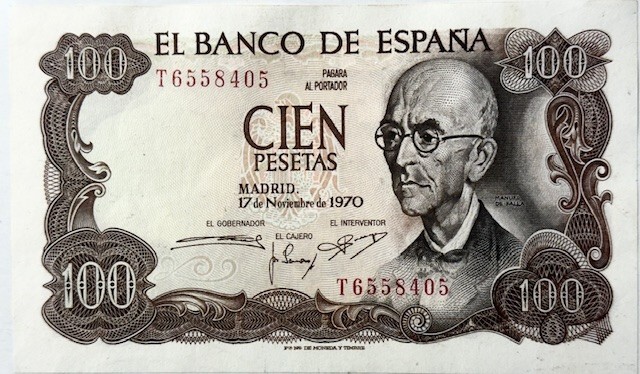 SPAIN - Manuel de Falla - 100 Pesetas 1970 - Pick-152 - Gem Crisp Uncirculated!