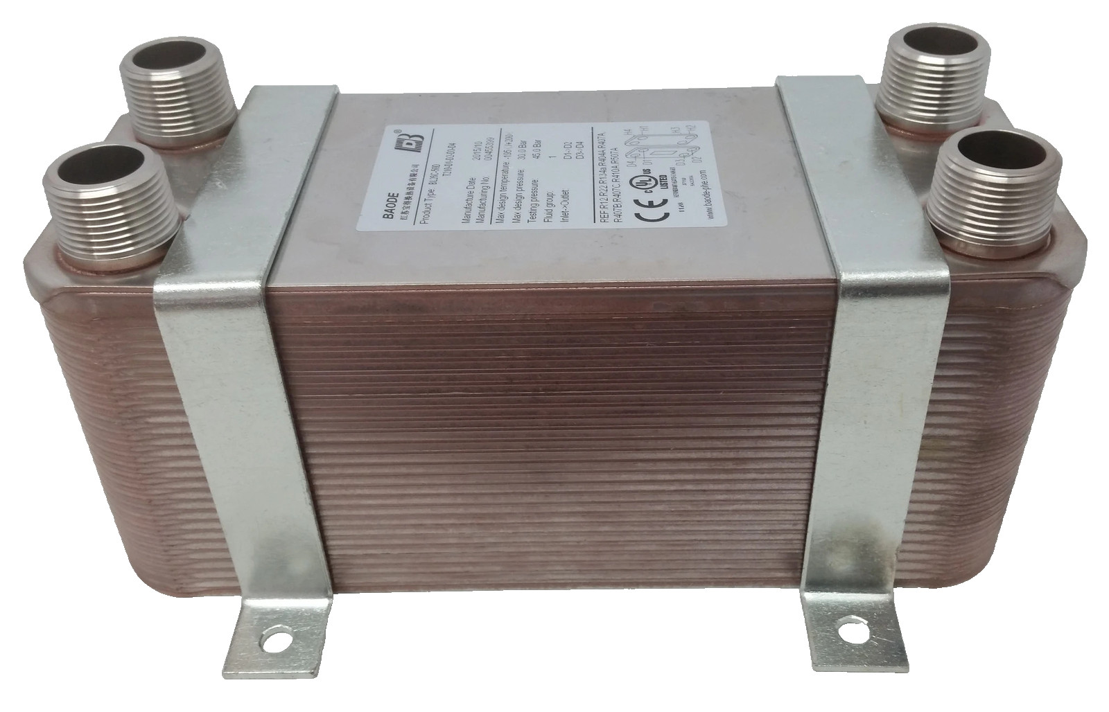 40 Plate Water to Water Brazed Plate Heat Exchanger 1" MPT Ports w/ Brackets