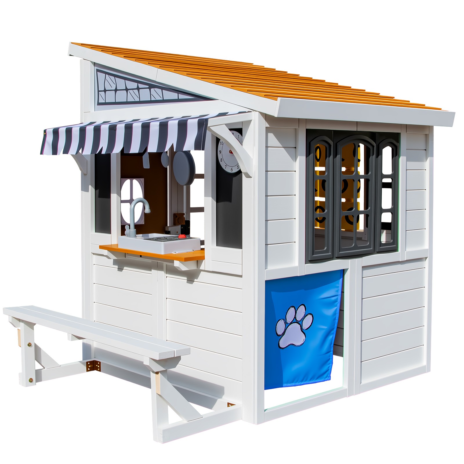 Wooden Kids Playhouse Cottage Play Kitchen,Bench,Mailbox,Tic-Tac-Toe,Chalkboards