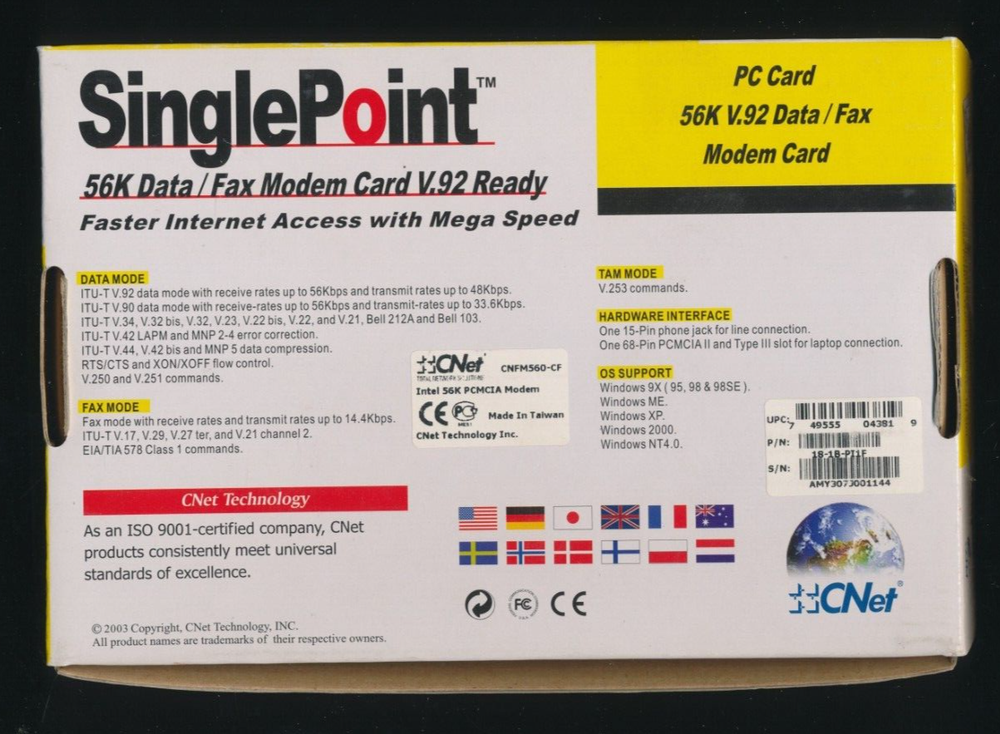 CNet SinglePoint PC Card 56K V.92 FAX / Modem Card