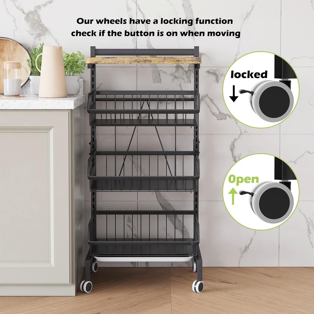 Adjustable fruit and vegetable basket trolley Metal wire mesh storage trolley