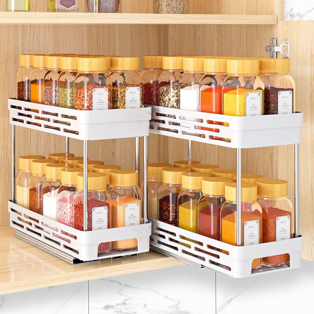 Pull Out Spice Rack Organizer for Cabinet, 2 Pack Slide 2 Pack, White