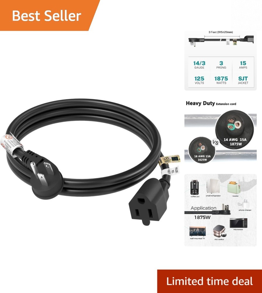 Efficient 3ft Black Flat Plug Extension Cord, 14 AWG,  Listed Safety Features
