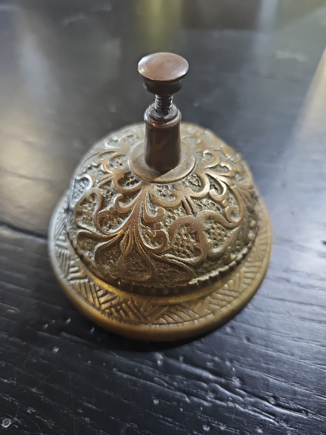 Vintage Brass Desk Bell Ornate Floral Hotel Service Counter Ring Bell 3.5”