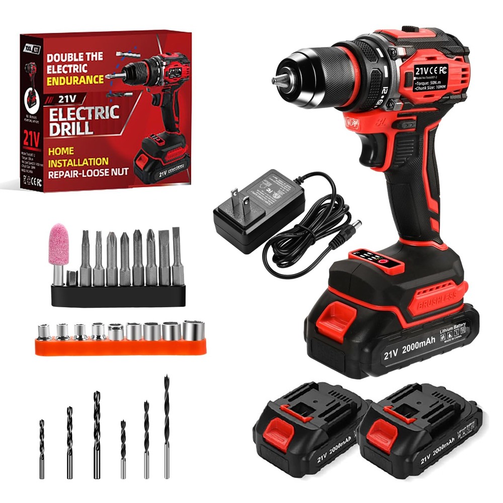 21V Cordless Power Drill/Driver Set, 2 Variable Speeds with LED Light, 3/8" K...