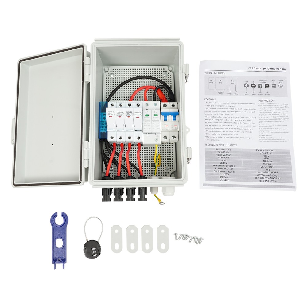 Solar Combiner Box PV Combiner 63A Circuit Breaker 4-String For Solar Panel Kit