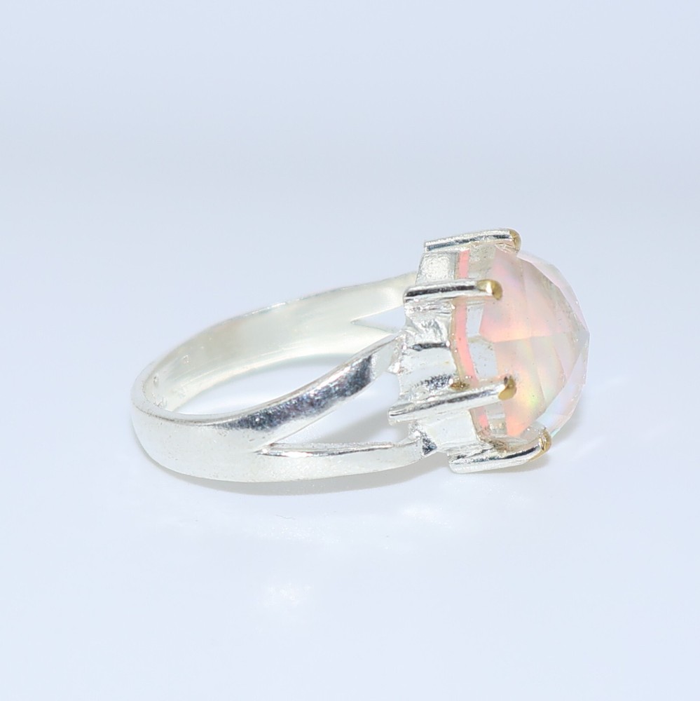 Aurora Opal Stone Ring, 925 sterling silver Ring, Round Shape stone Ring