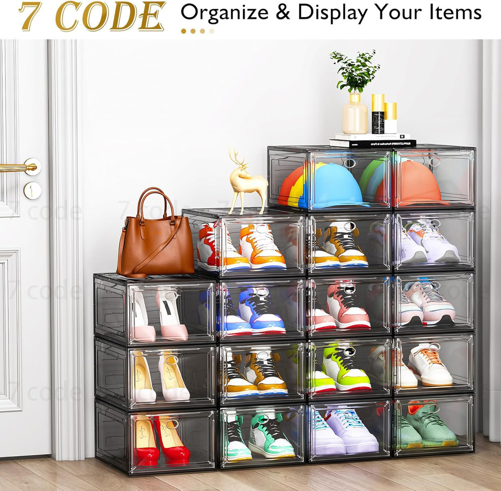 Stackable Clear Shoe Storage Organizer with Magnetic Door, 6 Pack, Black