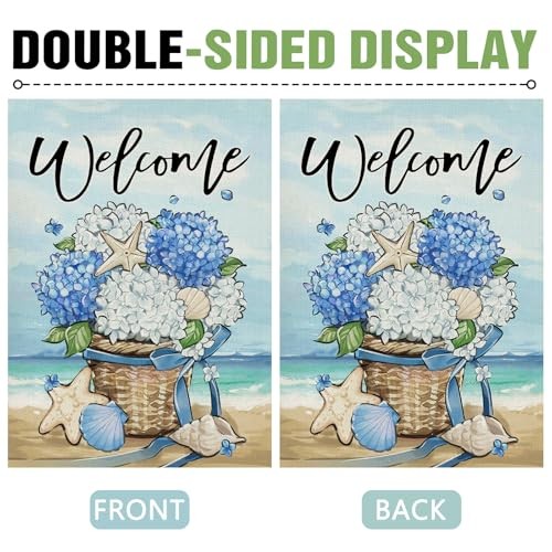 Welcome Spring Summer Beach Hydrangea Flower 12" x 18" Hydrangea Beach