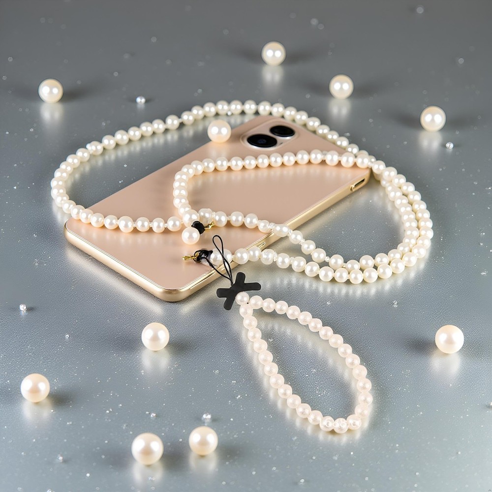 White Mobile Phone Case Decorations Chain Black Bow Pearl Beaded