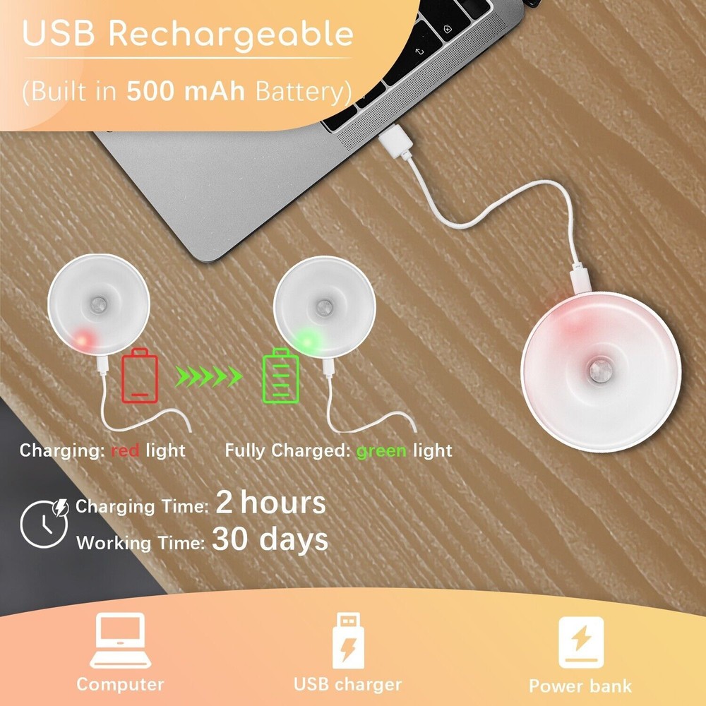 3PCS LED Motion Sensor Under Cabinet Closet Light USB Rechargeable Kitchen Lamp