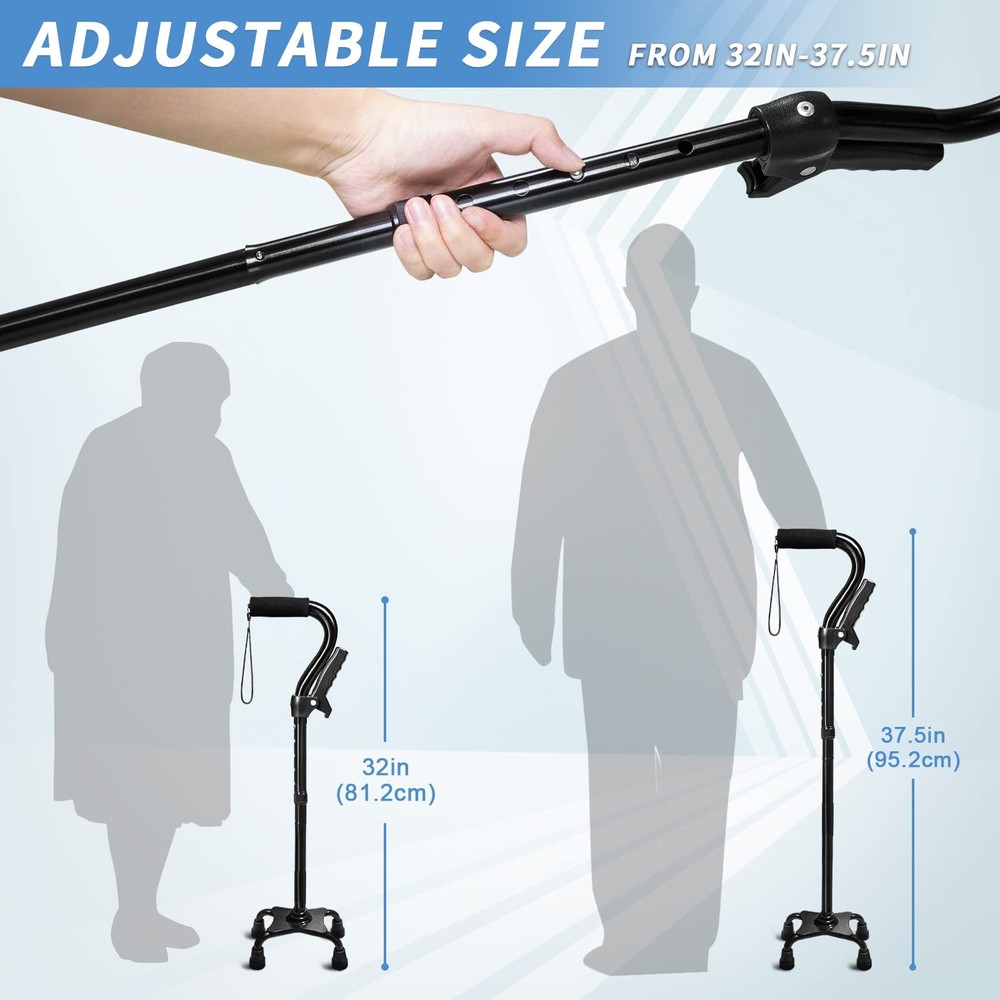 Adjustable Walking Cane with 4-Pronged Base for Stability - Foldable for Seniors