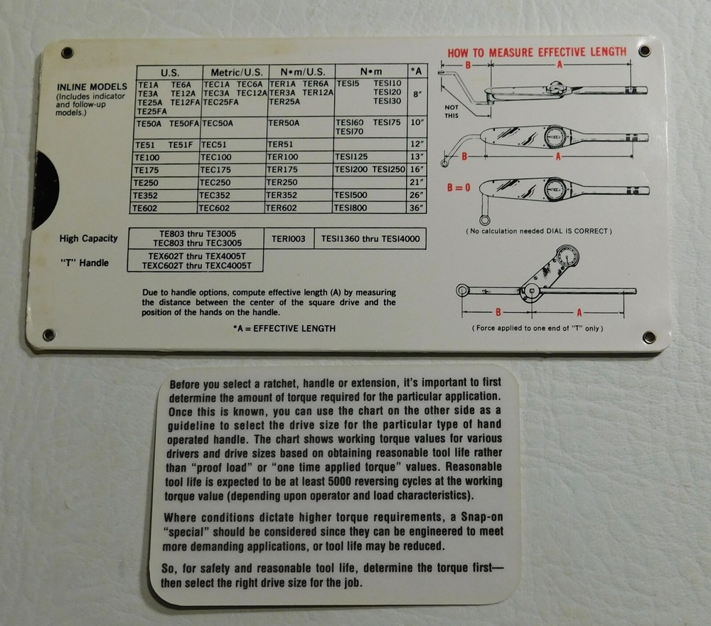 Snap On Tools Pocket Protector Torque Computer Drill Sizes Chart - Read