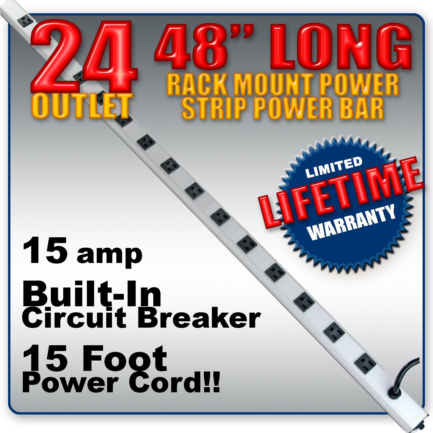 24 OUTLETS 48” Heavy Duty Metal Housing Power Strip 15 ft Power Cord Bench Desk