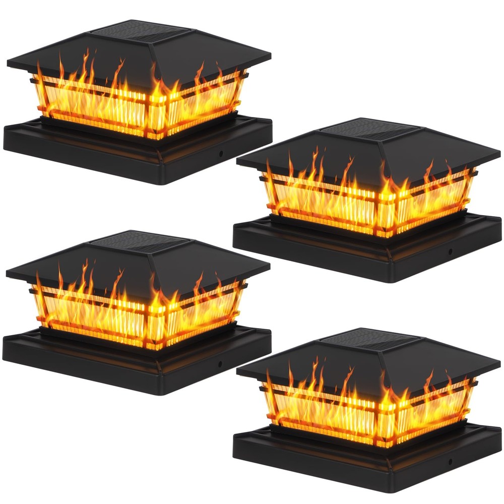 Sparluvix Flame Solar Post Cap Lights, 4 Pack, Black-Flickering