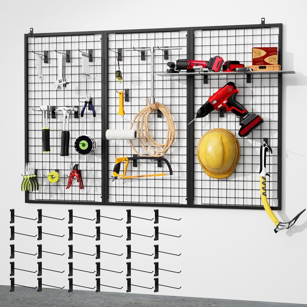 3pcs Grid Wall Panels Display Stand -Wire Grid Hanging Rack W/ 30 Hooks Freely