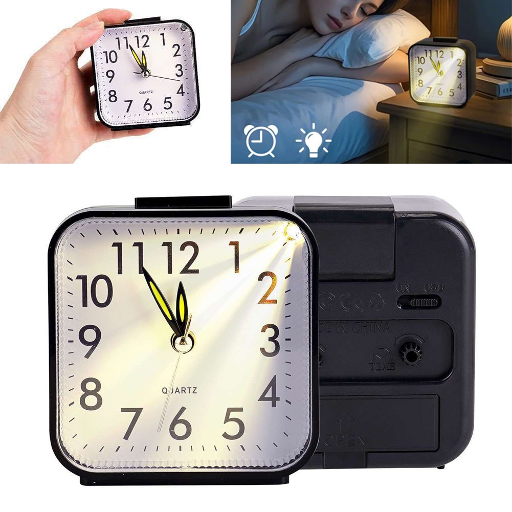 Small Travel Alarm Clock Analog Battery Operated Silent No Ticking With Light
