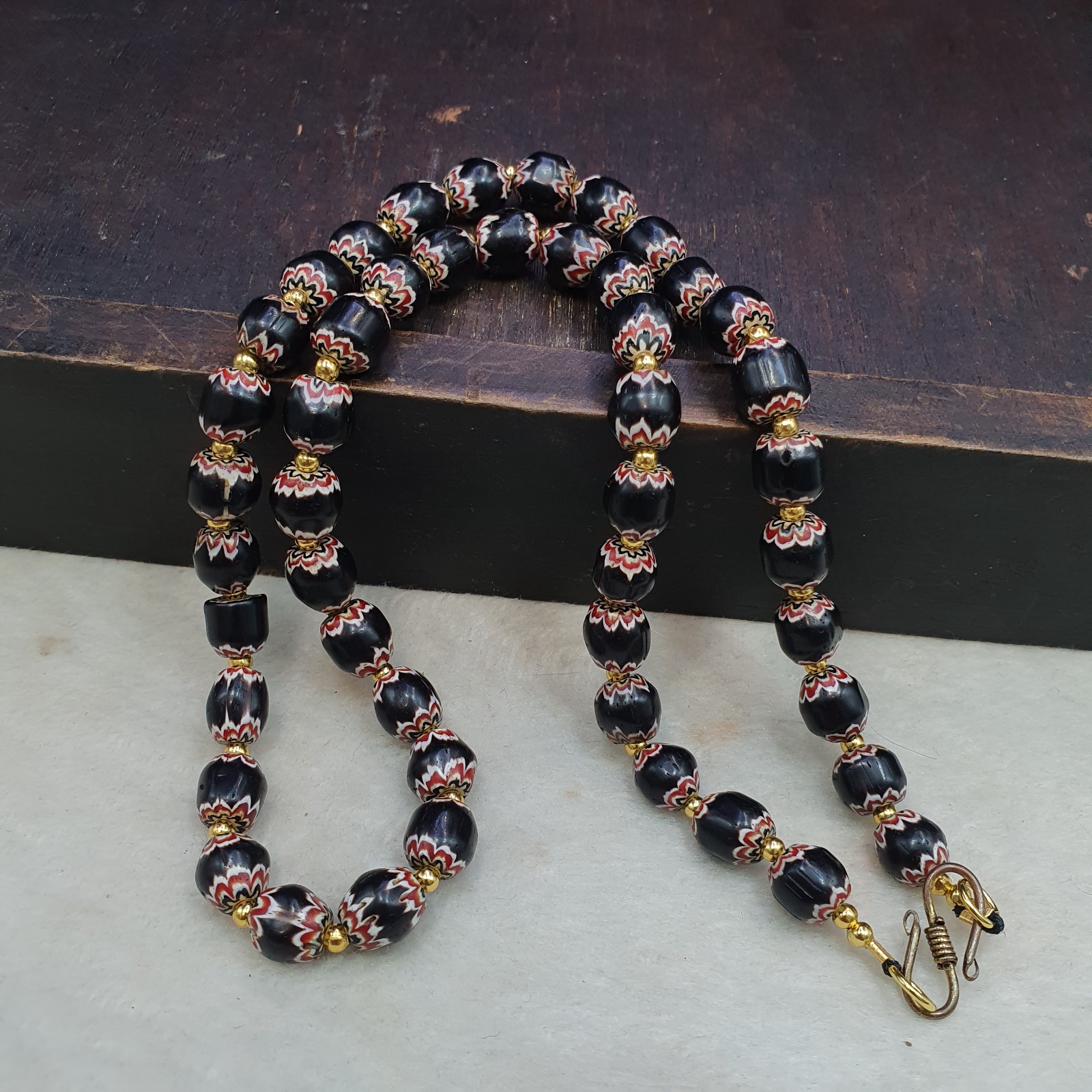 Vintage Venetian Style beads Old African black Glass Chevron Beads Long Strand