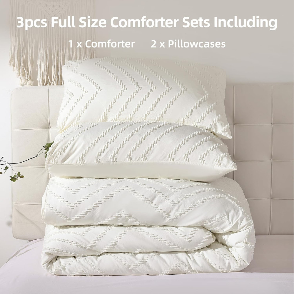 Ivory White Full Comforter Set 3Pcs, Boho Full Size Bedding Set, Vertical Tufted