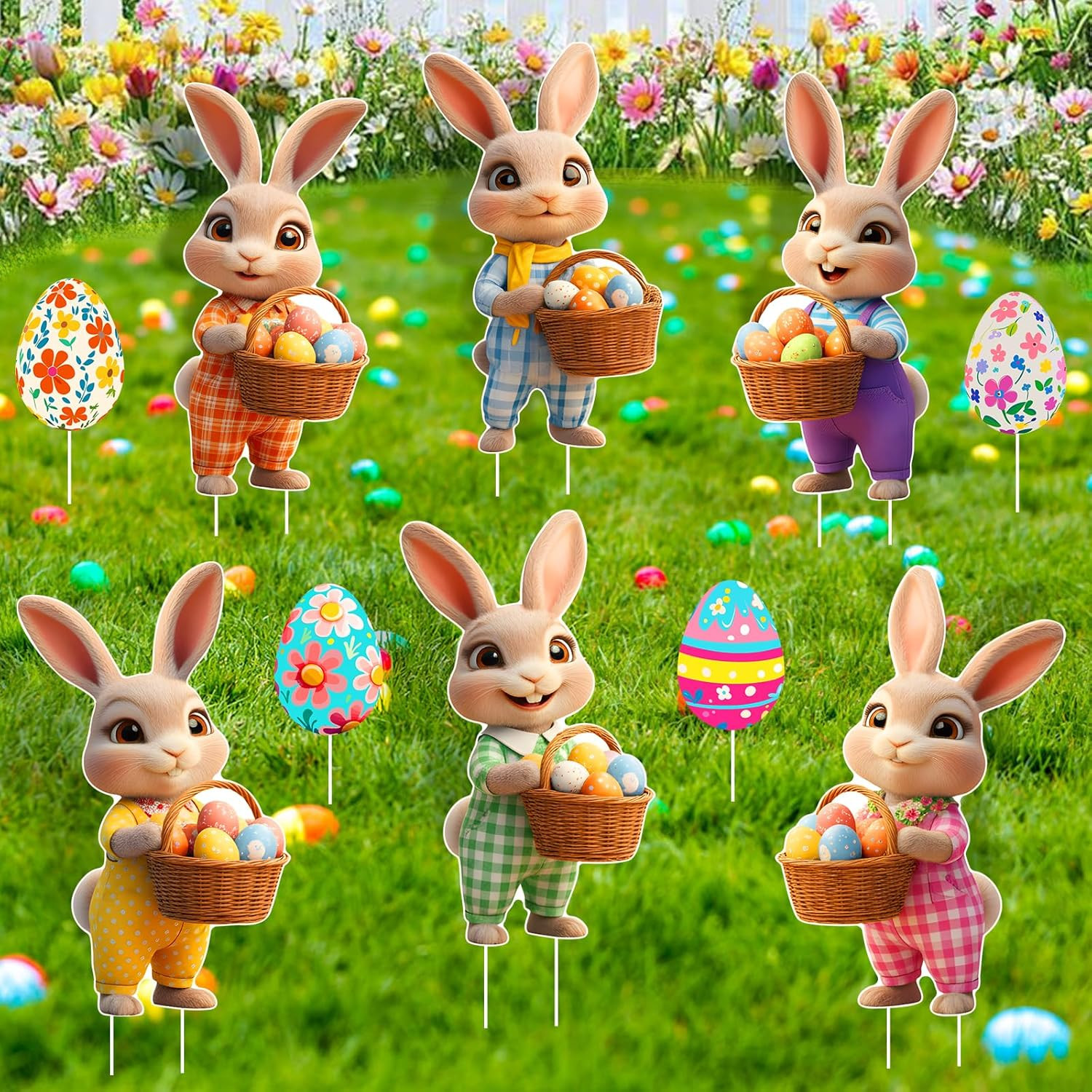 16PCS Easter Bunny Eggs Yard Signs Outdoor Lawn Decorations