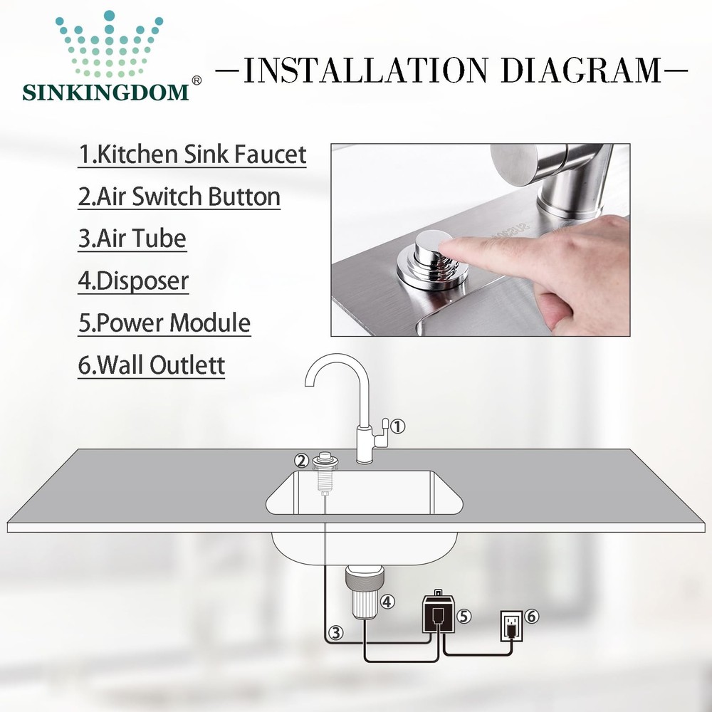 SinkTop Air Switch Kit with Long Button (Full Brass) for Garbage Chrome