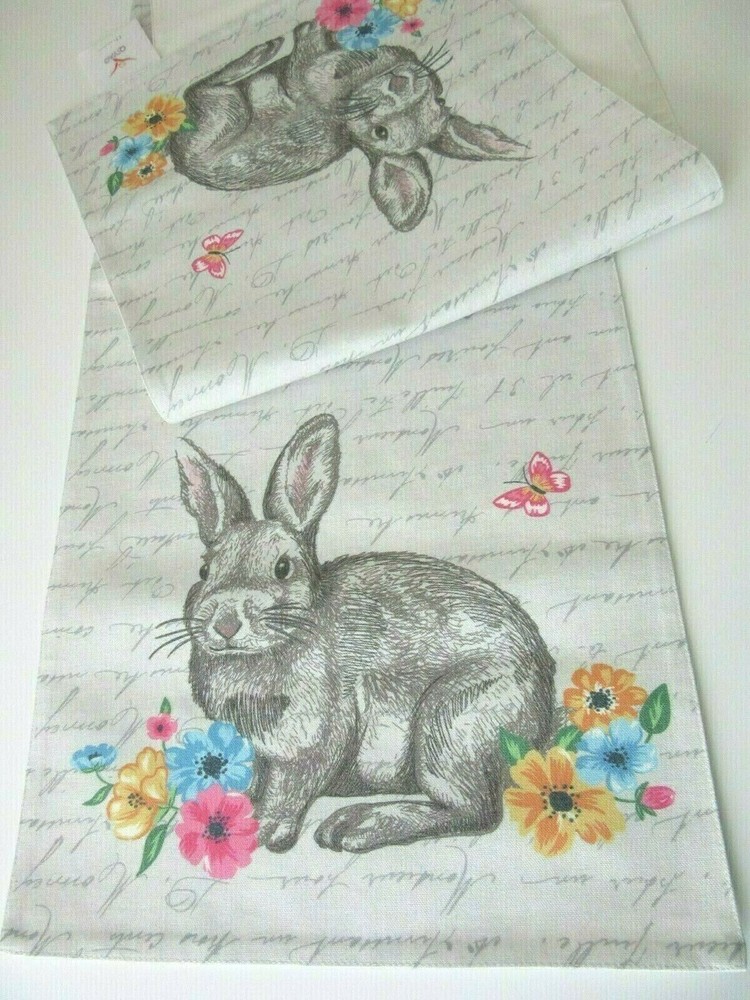 EASTER BUNNY RABBIT SCRIPT FLORAL Decorative TABLE RUNNER ~ 14" x 70 ~ NEW