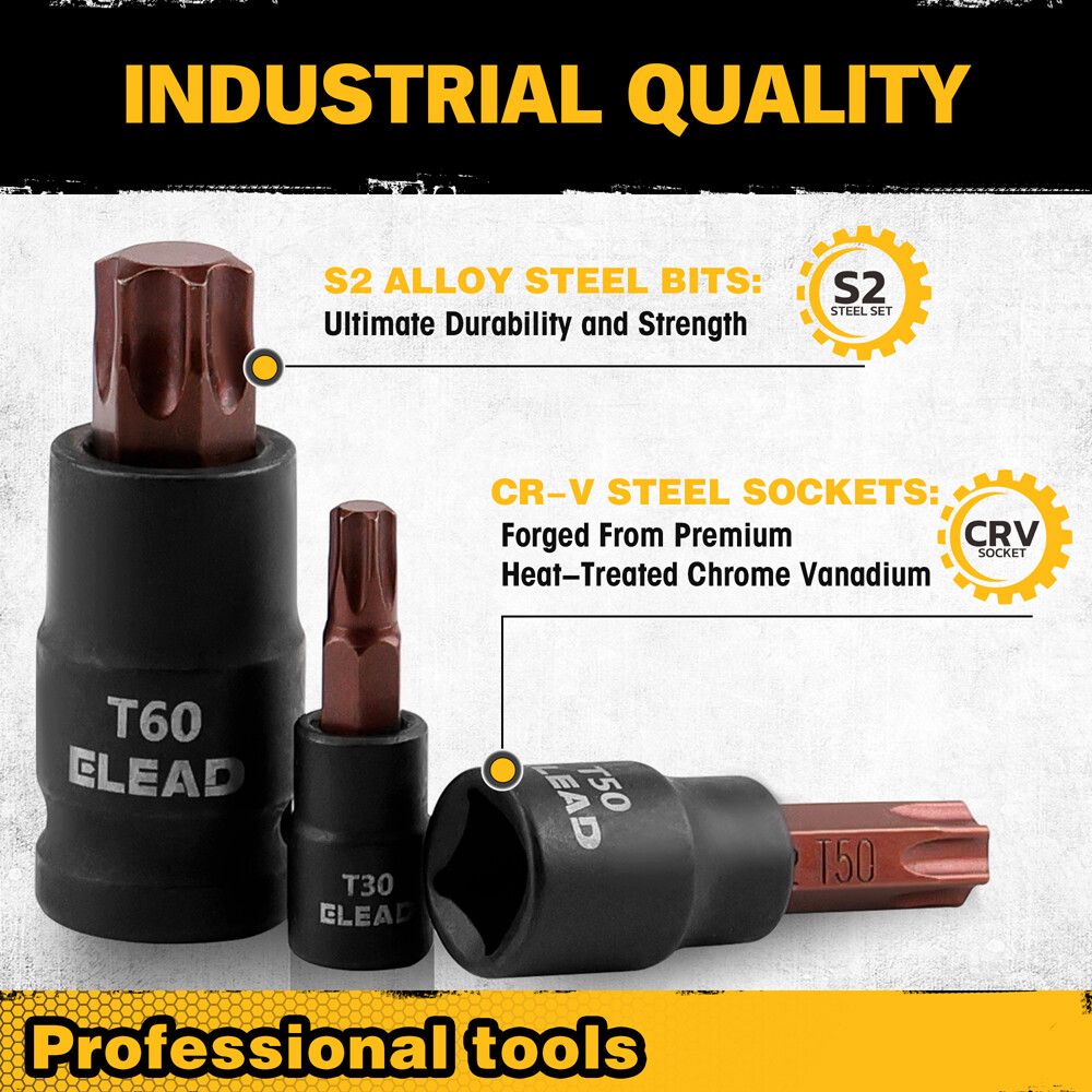 31PC Torx Bit Socket Set T8-T70 & E-Torx E4-E24 S2 Alloy Steel Star Premium CR-V