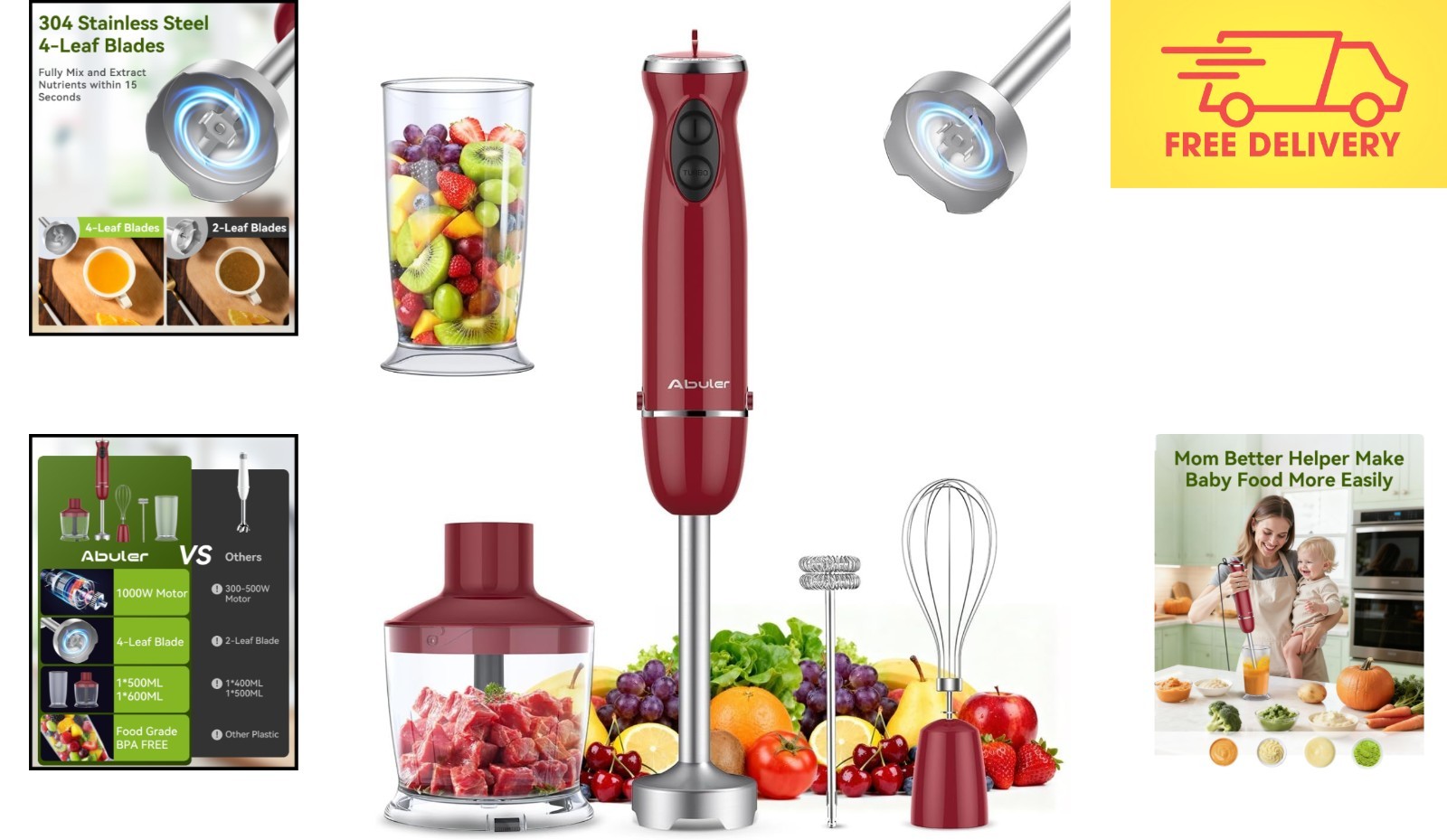 1000W Hand Blender - 12-Speed Kitchen Tool with Versatile Attachments