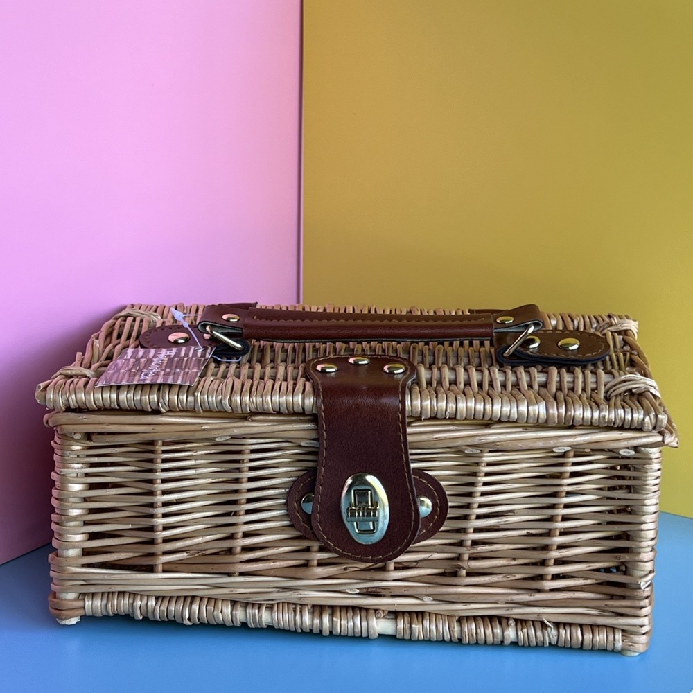 Wicker Basket Case with Faux Leather Strap Handles & Lock Latch No Liners