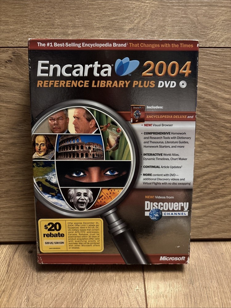 Microsoft Encarta 2004 Reference Library Plus DVD Windows XP New Sealed Box