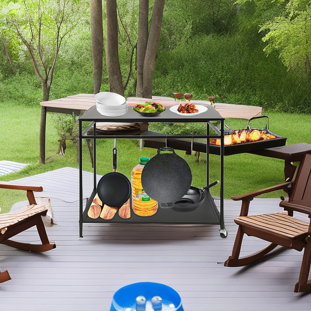 Kitchen BBQ Food Prep Work Cart Table Stand Mobile Storage Rack Grid Panel 2Tier