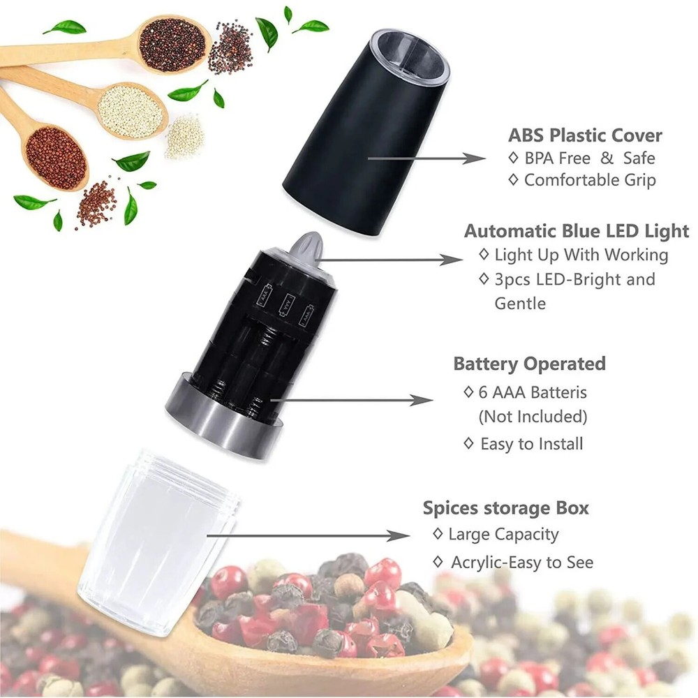 2Pcs Electric Salt and Pepper Grinder Set, Gravity Sensor, Automatic Pepper Mill