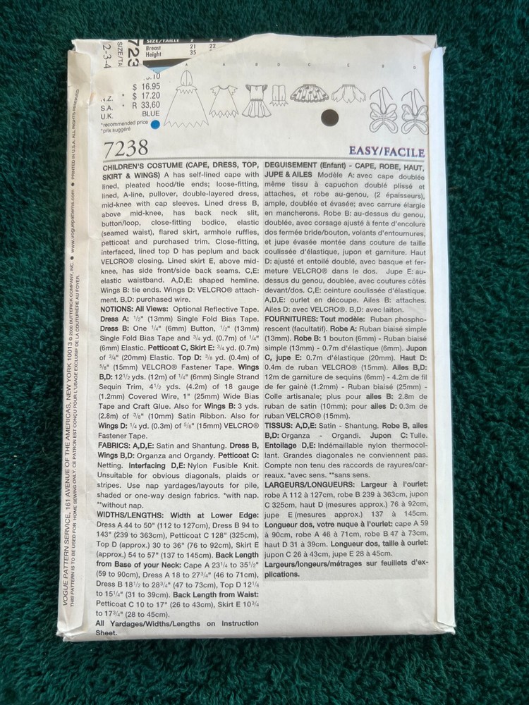 7238 Vogue Pattern ~ SIZE 2-5 ~ ~ ~ ~ ~ Listing MP 23
