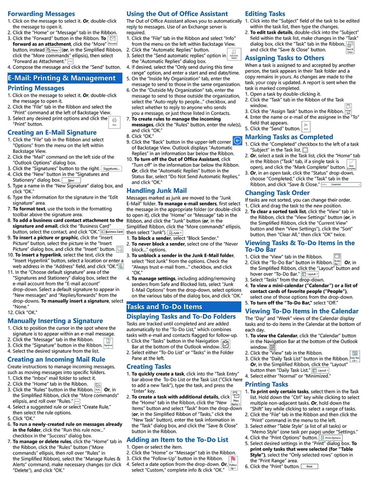 Outlook 2021 & 365 Training Guide Quick Reference Card Cheat Sheet Instructions
