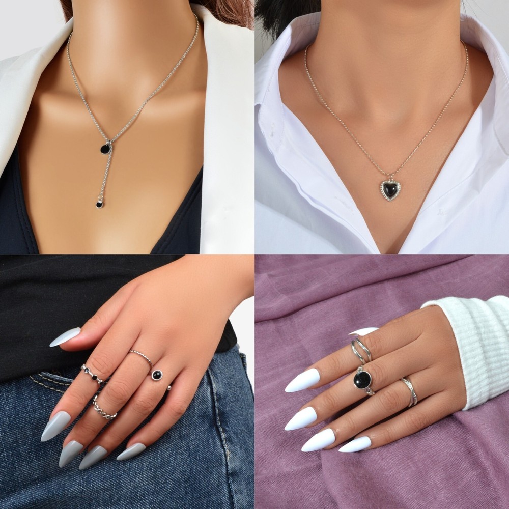 Silver Chain Disc Heart Pendant Necklace Stackable Midi Finger Multiple Rings